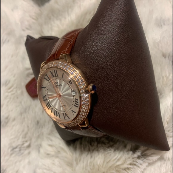 Ladies Oniss Gold Tone Brown Leather Band Silver Dial Crystals Date Watch ON3322 main image 7